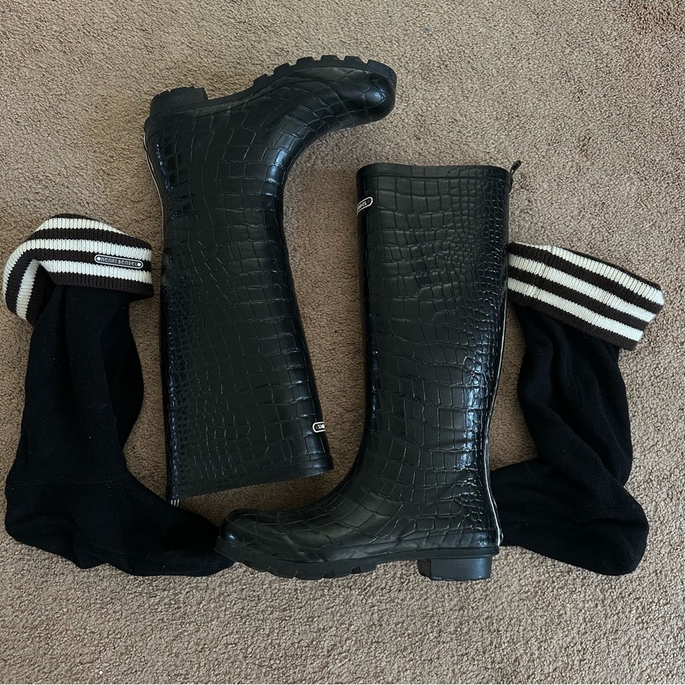 Black Croc-Embossed Boots with Striped Socks
